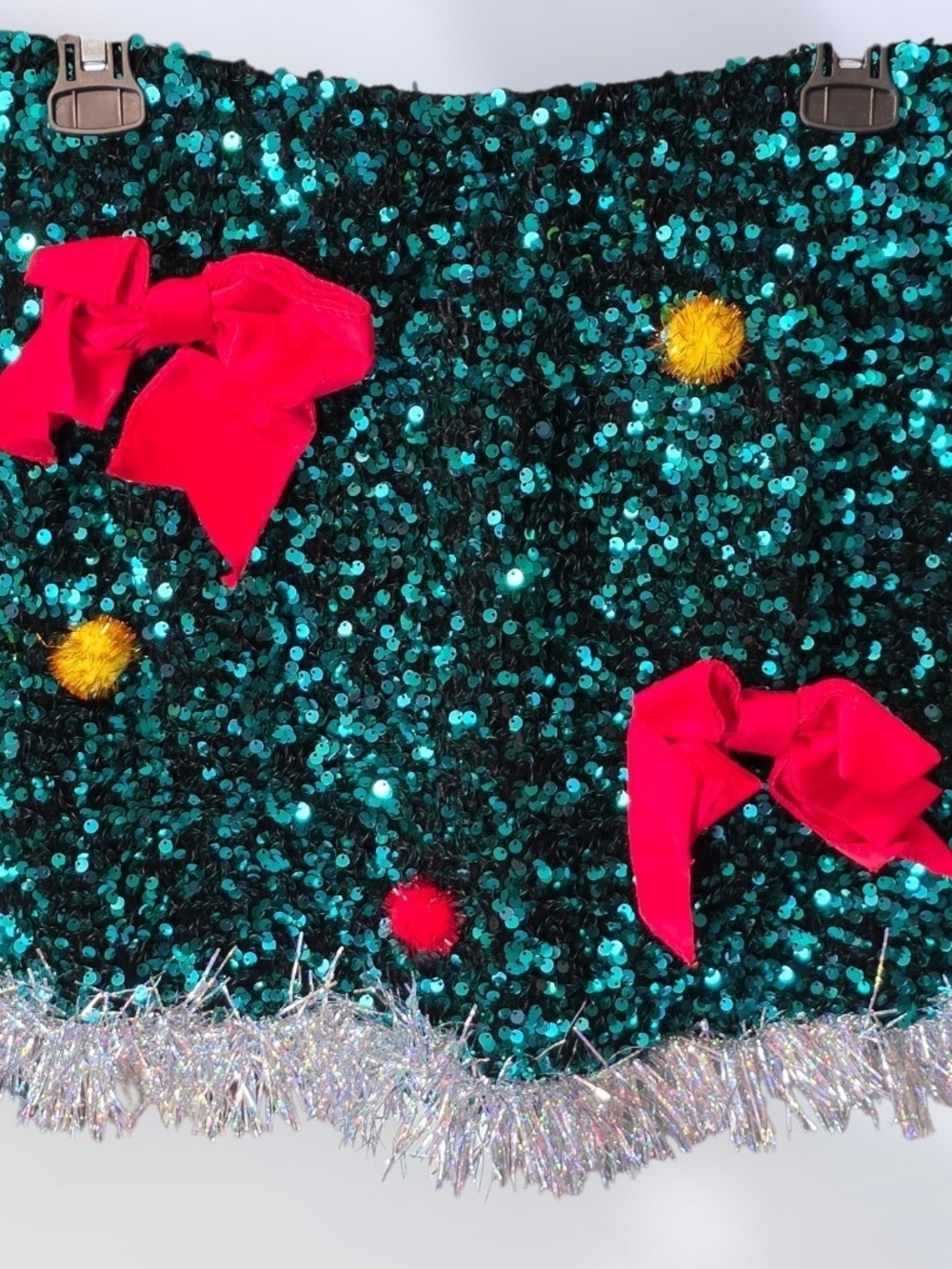 love on a hanger Teal Sequin Mini Skirt with Red Bows and Gold Pom-Poms